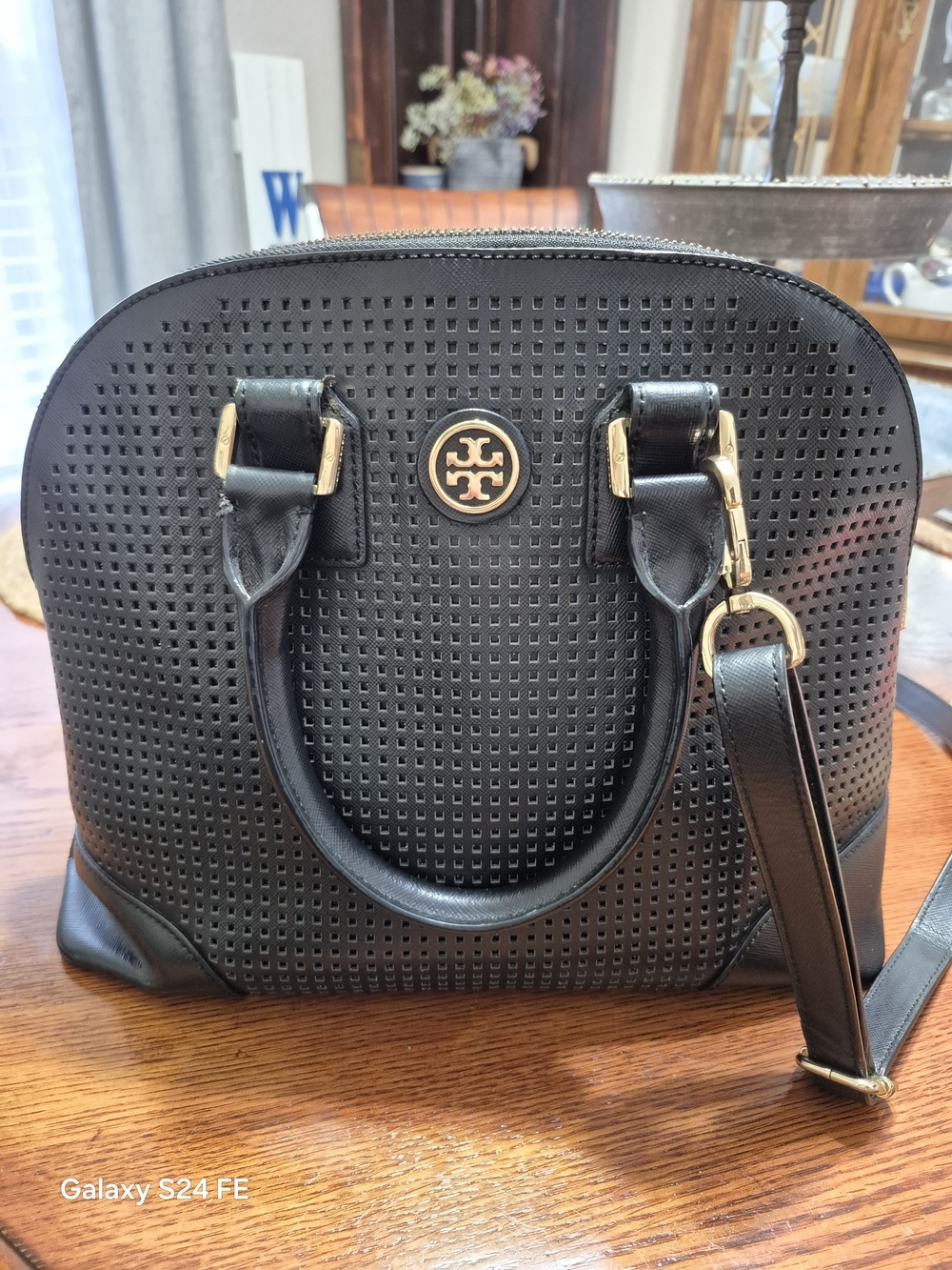Tory Burch Black Perforated Dome Satchel with Gold Hardware